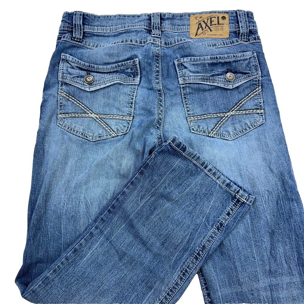 TK Axel Jeans Men 32x32 Slim Boot Cut Medium Wash Denim Pants Flap Pockets Faded